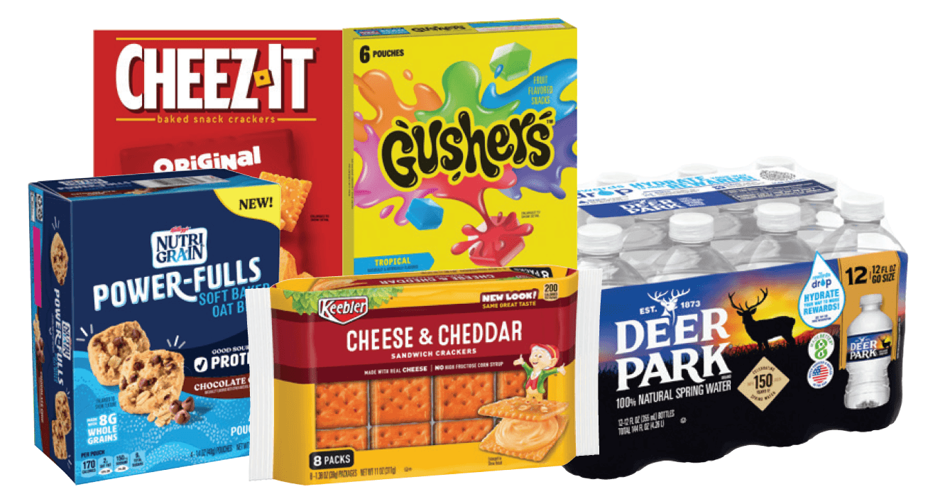 Keebler Sandwich Crackers 8 pk. Betty Crocker Fruit Snacks 6-10 pk. Cheez-It Baked Snack Crackers 6-7 oz. Deer Park or Poland Spring Spring Water 12 pk./12 fl.oz. Kellogg’s Nutri-Grain Power-Fulls Bites 4 pk.