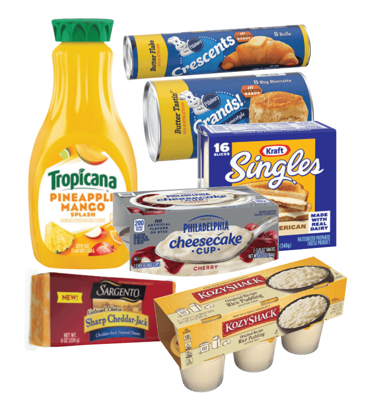 Tropicana Juice Beverage 52 fl.oz. Kozy Shack Pudding 22 oz. or 4-6 pk. Philadelphia Cheesecake Cup 2 ct. Kraft American Singles 10.7 or 12 oz. Fat Free Varieties Excluded Sargento Shredded or Chunk Cheese 5-8 oz. Pillsbury 8 oz. Crescent Rolls, 16.3 oz.