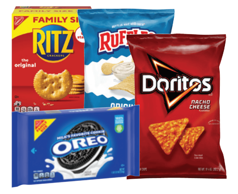 Frito Lay Ruffles, Simply, Popcorners or Doritos 5.25-10.75 oz. or Nabisco Oreo or Ritz Family Size 10.68-20.5 oz. Snacks